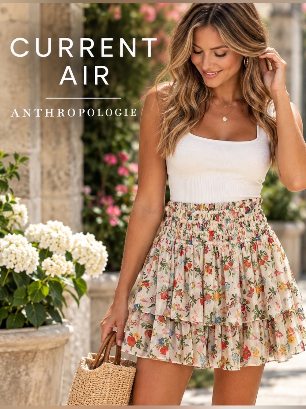 Current Air Anthropologie Mini Skirt Floral Tiered XS Metallic Cottagecore